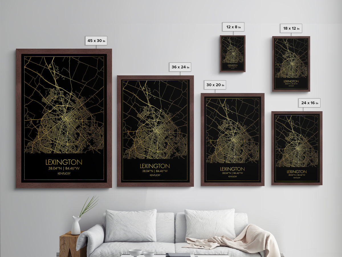 Lexington Kentucky City Poster, Metallic Gold Art, Metal Art, real wood frames, black and gold, Map Art, Best Friend Gifts