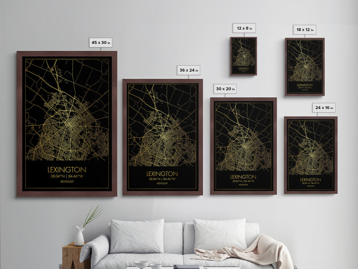 Lexington Kentucky City Poster, Metallic Gold Art, Metal Art, real wood frames, black and gold, Map Art, Best Friend Gifts