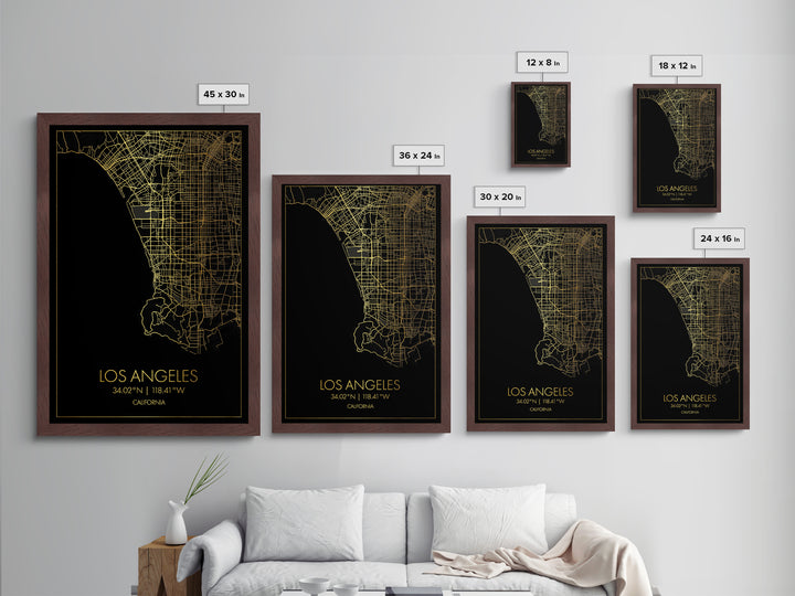 Los Angeles California City street map, Metallic Gold Print, Metal Art, wood framed map, black and gold, Street Map Art, Office Decor