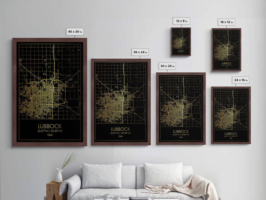 Lubbock Texas City street map, Metallic Gold Print, Metal Art, wood framed map, black and gold, Gold Street Map Art, Modern Wall Art
