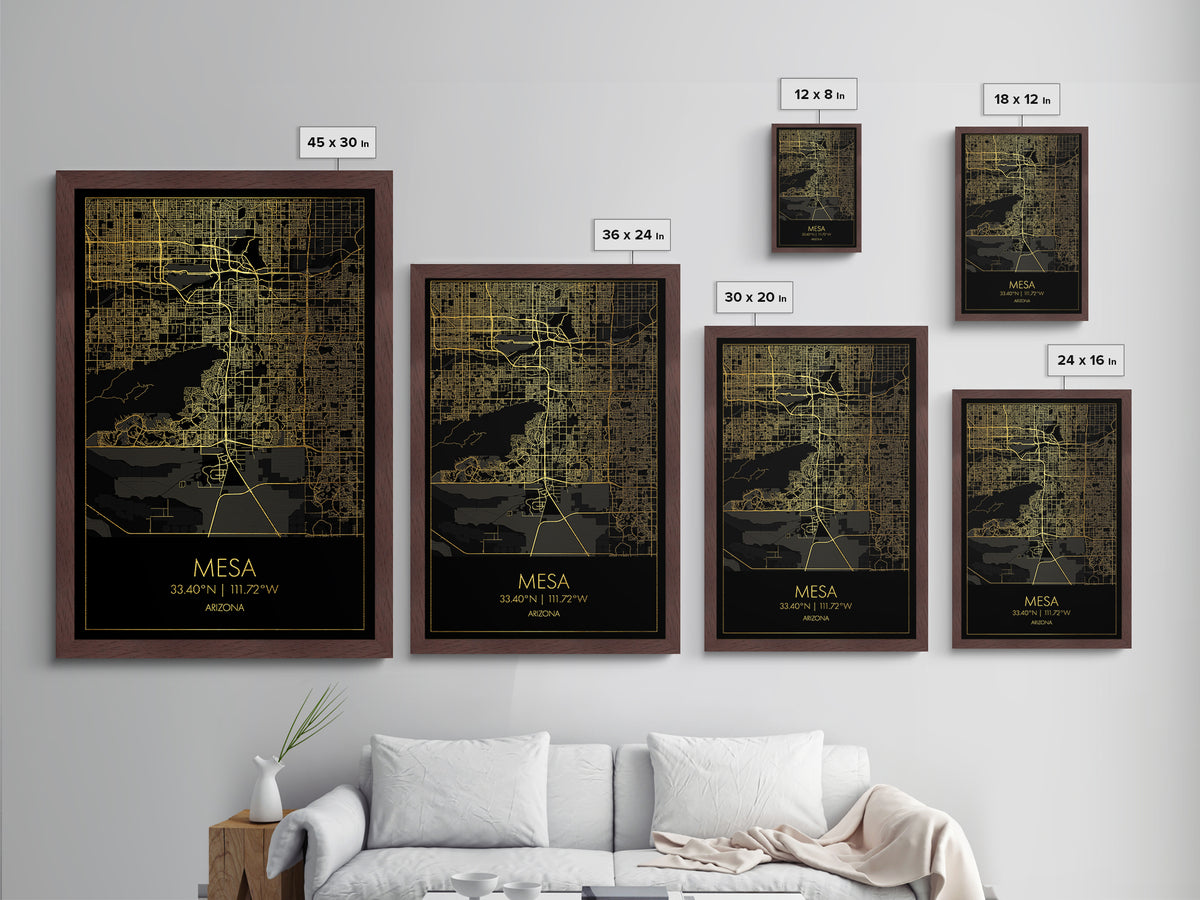 Mesa Arizona City Poster, Metallic Gold Art, Metal Art, real wood frames, black and gold, Map Art, Best Friend Gifts
