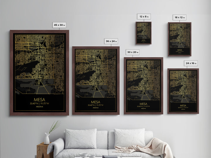 Mesa Arizona City Poster, Metallic Gold Art, Metal Art, real wood frames, black and gold, Map Art, Best Friend Gifts