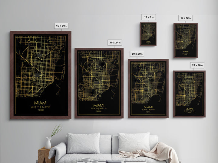 Miami Florida City street map, Metallic Gold Print, Metal Art, wood framed map, black and gold, Gold Street Map Art, Modern Wall Art