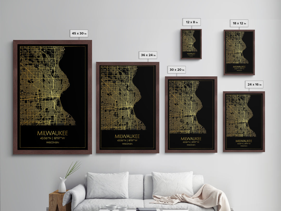 Milwaukee Wisconsin City street map, Metallic Gold Print, Metal Art, wood framed map, black and gold, Street Map Art, Office Decor