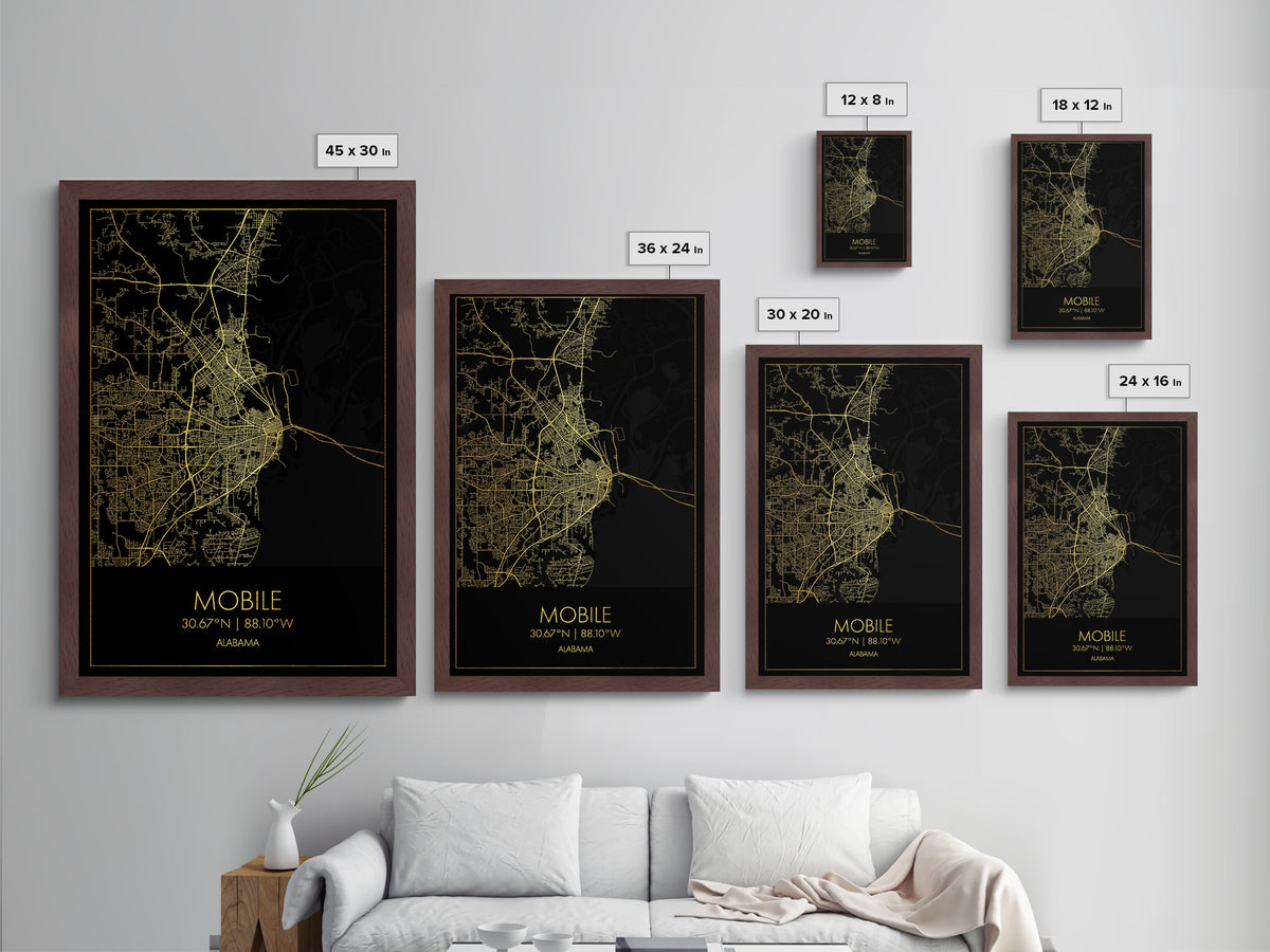 Mobile Alabama City street map, Metallic Gold Print, Metal Art, wood framed map, black and gold, Gold Street Map Art, Modern Wall Art