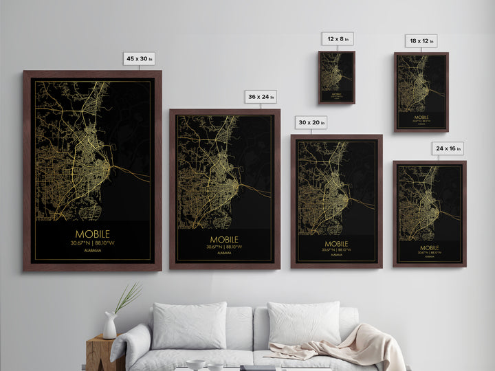 Mobile Alabama City street map, Metallic Gold Print, Metal Art, wood framed map, black and gold, Gold Street Map Art, Modern Wall Art