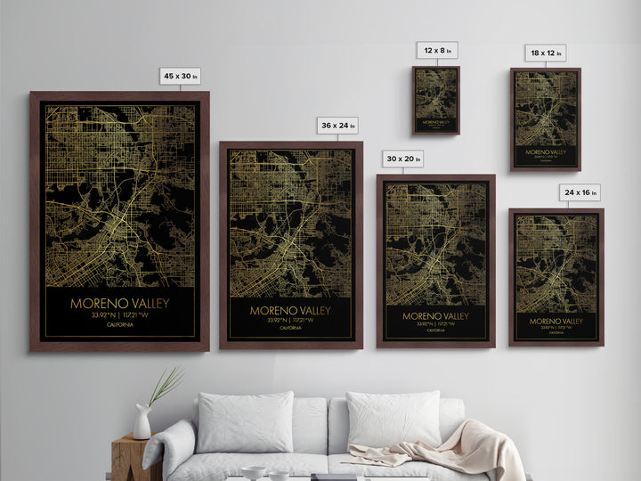 Moreno Valley California City Poster, Metallic Gold Art, Metal Art, real wood frames, black and gold, Map Art, Best Friend Gifts