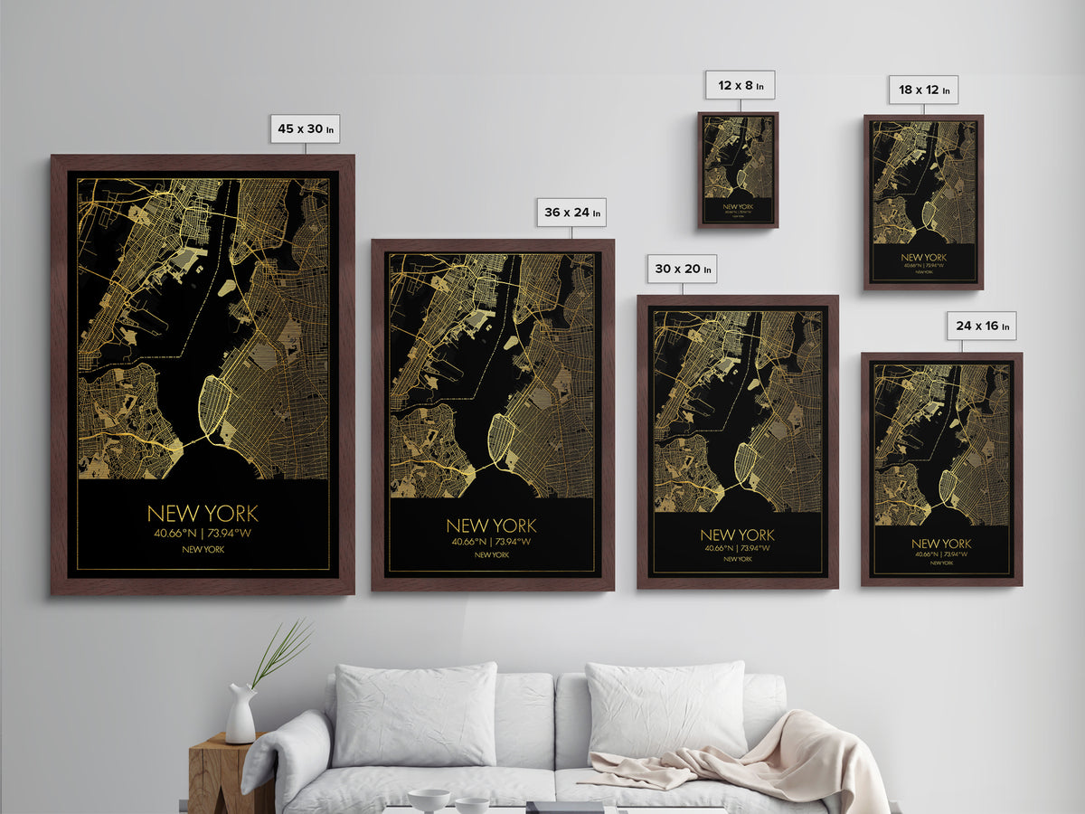 New York New York City street map, Metallic Gold Print, Metal Art, wood framed map, black and gold, Street Map Art, Office Decor