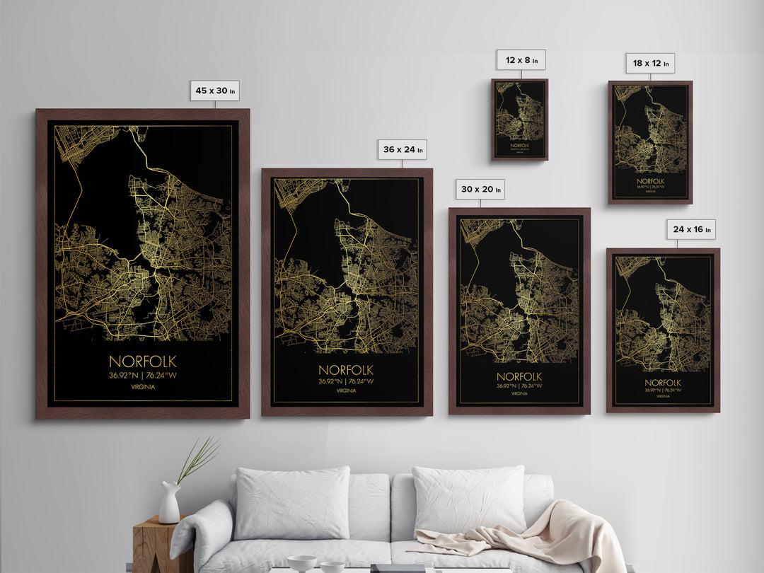 Norfolk Virginia City Poster, Metallic Gold Art, Metal Art, real wood frames, black and gold, Map Art, Best Friend Gifts