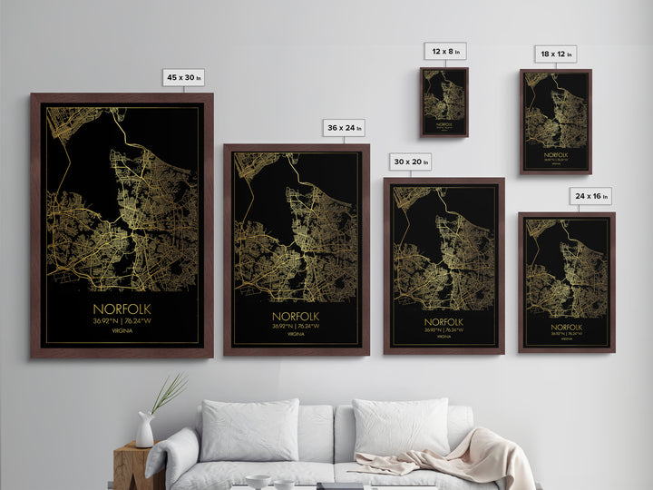 Norfolk Virginia City Poster, Metallic Gold Art, Metal Art, real wood frames, black and gold, Map Art, Best Friend Gifts