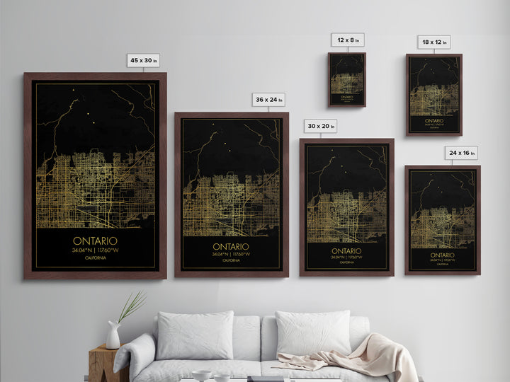 Ontario California City Poster, Metallic Gold Art, Metal Art, real wood frames, black and gold, Minimalist Wall Art, Map Print Poster