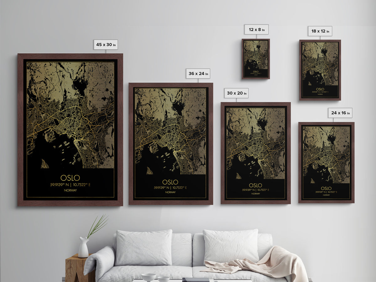 Oslo Norway City Poster, Metallic Gold Art, Metal Art, real wood frames, black and gold, Map Art, Best Friend Gifts
