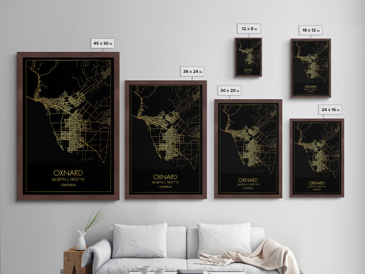 Oxnard California City Poster, Metallic Gold Art, Metal Art, real wood frames, black and gold, Minimalist Wall Art, Map Print Poster
