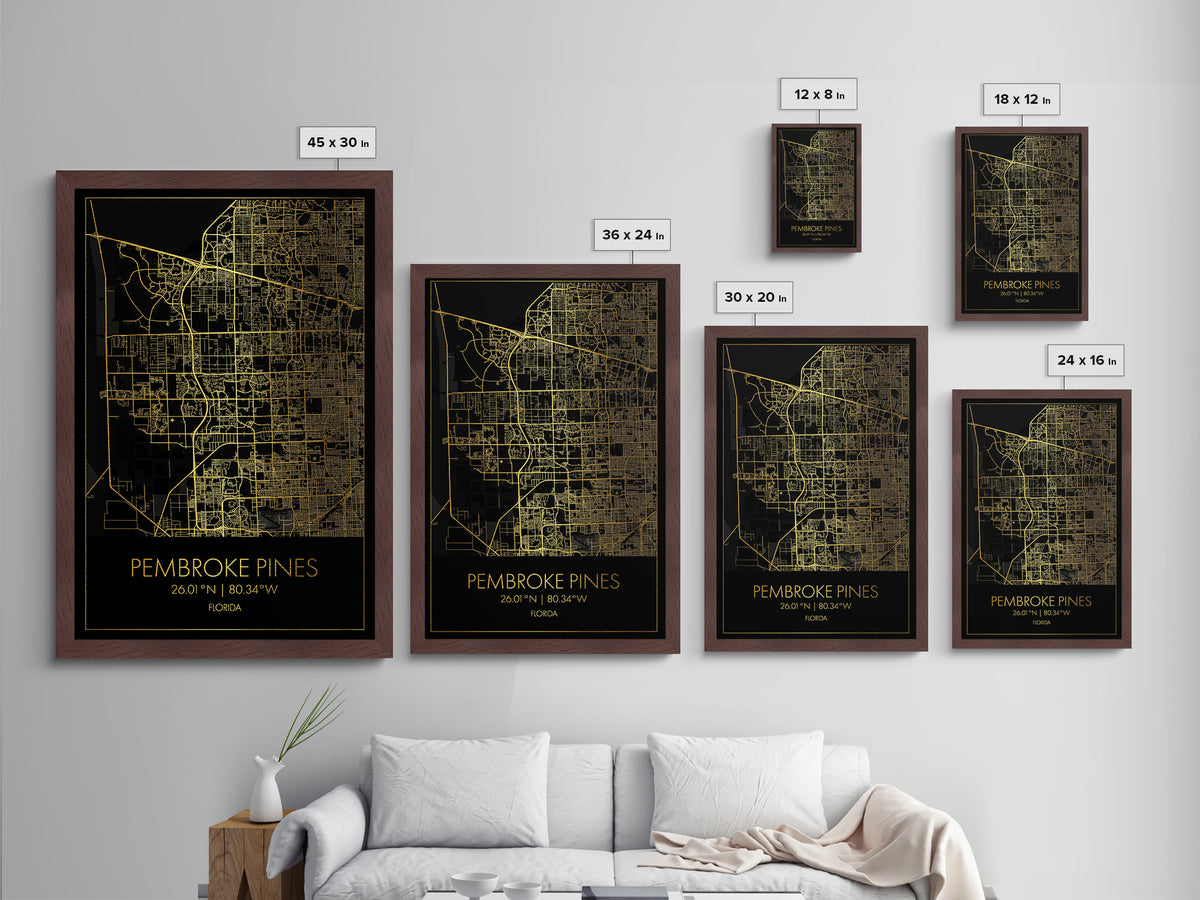 Pembroke Pines Florida City Poster, Metallic Gold Art, Metal Art, real wood frames, black and gold, Map Art, Best Friend Gifts