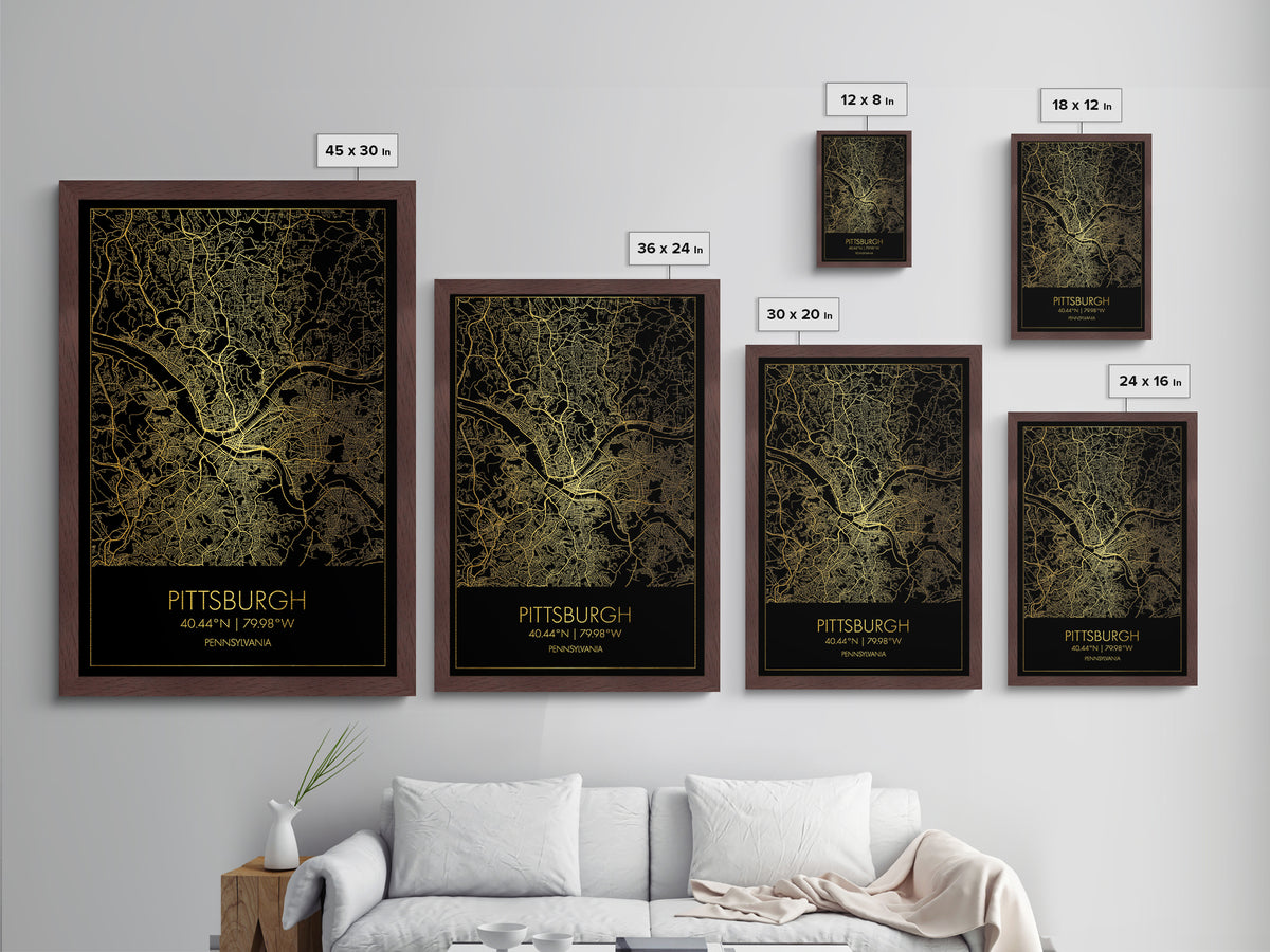 Pittsburgh Pennsylvania City Poster, Metallic Gold Art, Metal Art, real wood frames, black and gold, Map Art, Best Friend Gifts