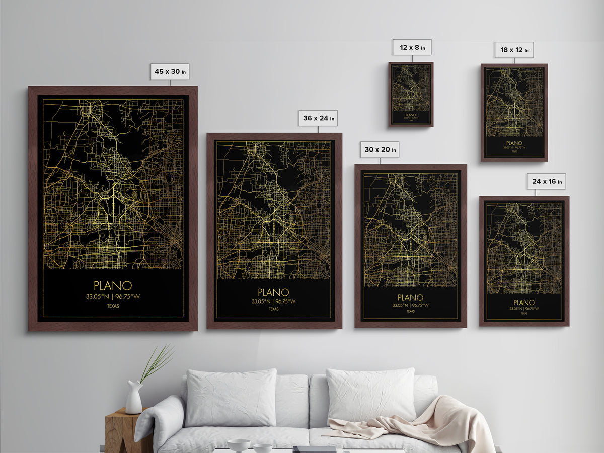Plano Texas City Poster, Metallic Gold Art, Metal Art, real wood frames, black and gold, Minimalist Wall Art, Map Print Poster
