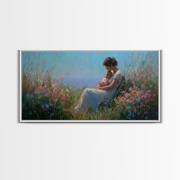 Mother Nursing Baby In Blue Meadow Canvas Print, Wildflower Wall Art, Peaceful Nursery Decor, Gift For New Mom, Boho Home Decor