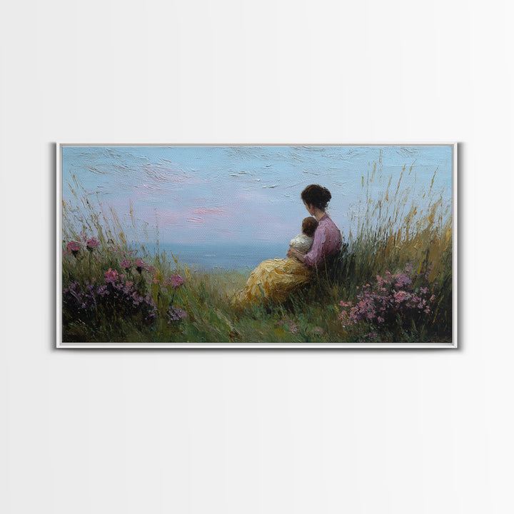 Mother And Child Beside Quiet Lake Wall Art, Impressionist Meadow Framed Canvas Print, Calming Nursery Decor Gift For Her
