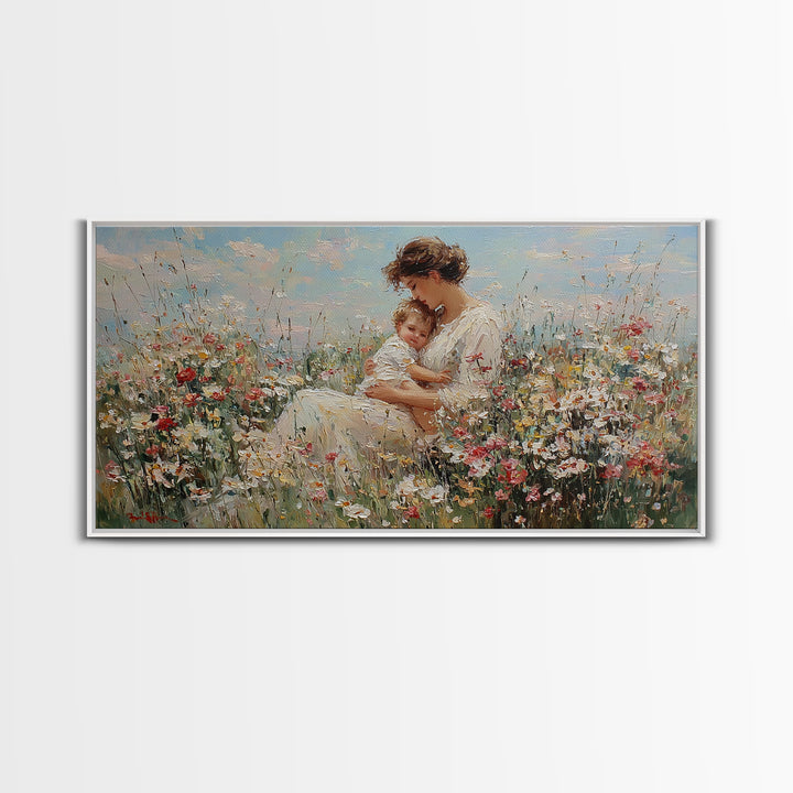 Mother And Baby Embraced Among Daisies Wall Art, Impressionist Floral Canvas Print, Nursery Wall Decor, Gift For Her, Motherhood Gift