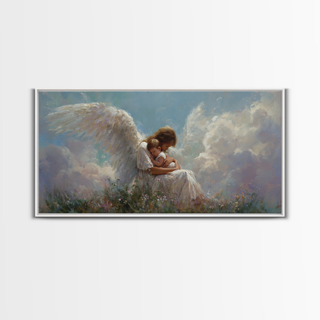 Guardian Angel Embracing Child In Clouds Wall Art, Heavenly Framed Canvas Print, Christian Nursery Decor, Sympathy Gift For Her