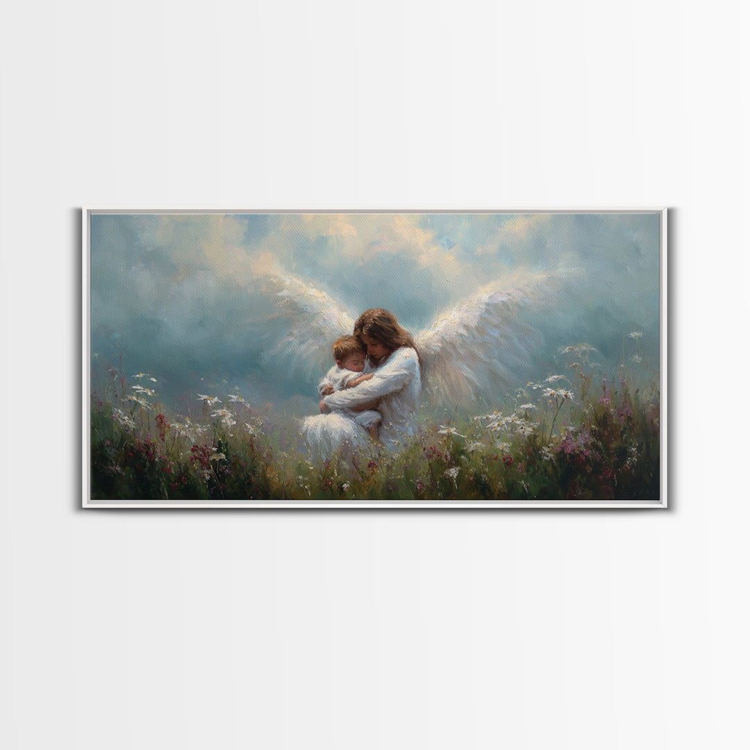 Guardian Angel Embracing Baby In Wildflower Meadow Framed Canvas Print, Christian Nursery Wall Art, Gift For Mom, Spiritual Home Decor