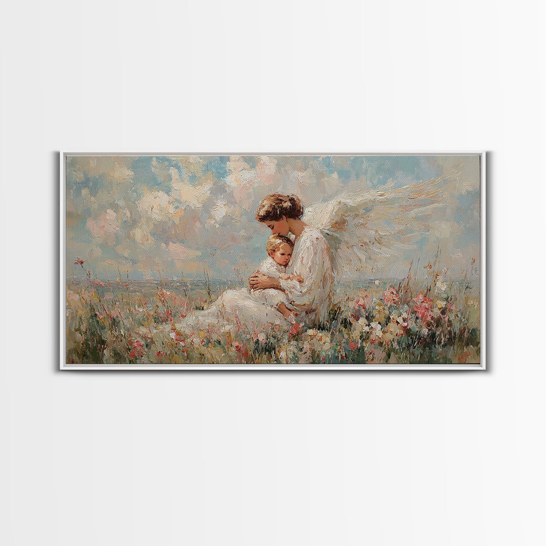 Seated Guardian Angel With Infant In Pastel Wildflowers Canvas Print, Christian Wall Art, Nursery Decor, Baby Shower Gift
