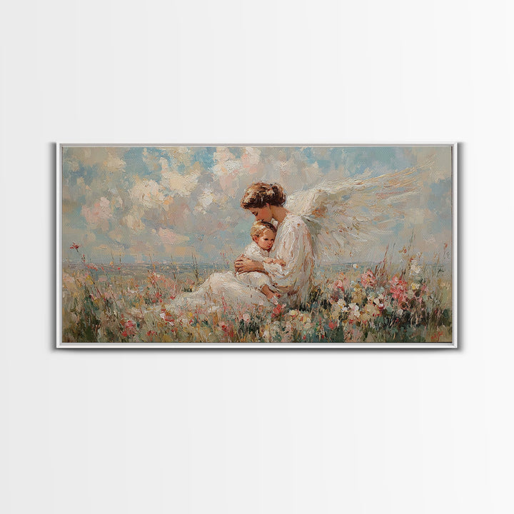 Seated Guardian Angel With Infant In Pastel Wildflowers Canvas Print, Christian Wall Art, Nursery Decor, Baby Shower Gift