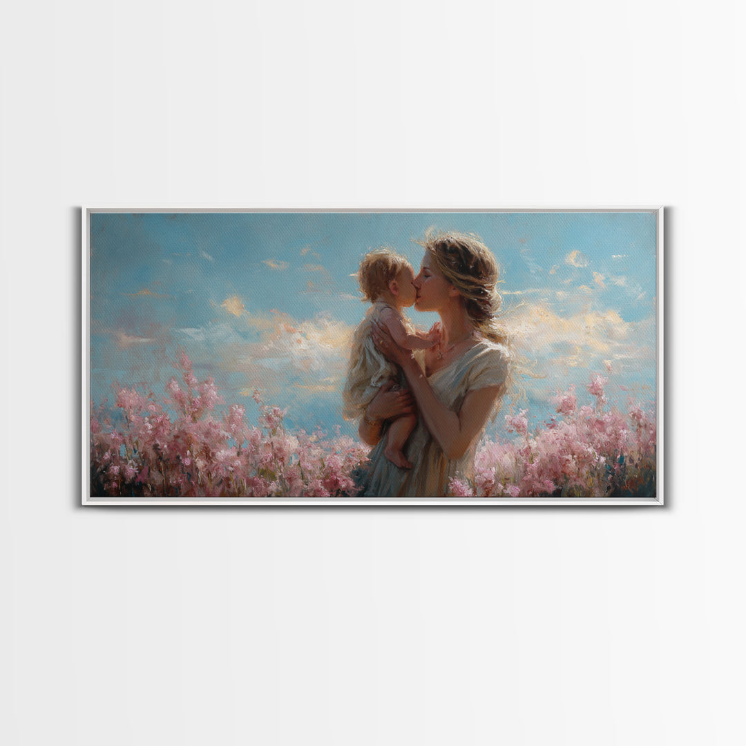 Tender Mother Kissing Child Among Pink Blossoms Wall Art, Feminine Nursery Decor, Mothers Day Gift, Living Room Art, Home Decor