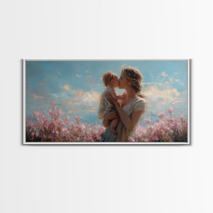 Tender Mother Kissing Child Among Pink Blossoms Wall Art, Feminine Nursery Decor, Mothers Day Gift, Living Room Art, Home Decor