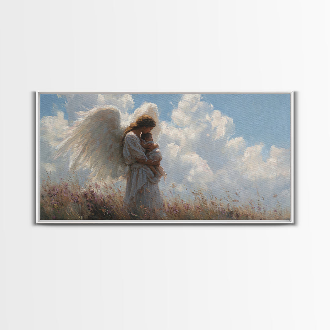 Angel Mother Cradling Baby Beneath Bright Clouds Framed Canvas Print, Christian Wall Art, Nursery Decor, Spiritual Gift For Her