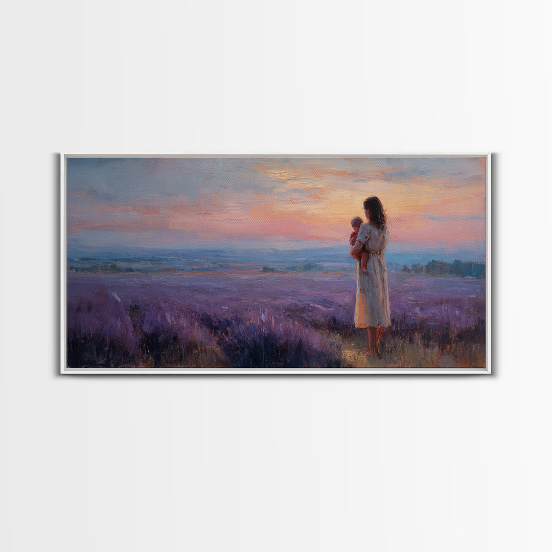 Mother Holding Baby At Lavender Field Sunset Canvas Print, Purple Landscape Wall Art, Mothers Day Gift, Bedroom Decor, Home Decor