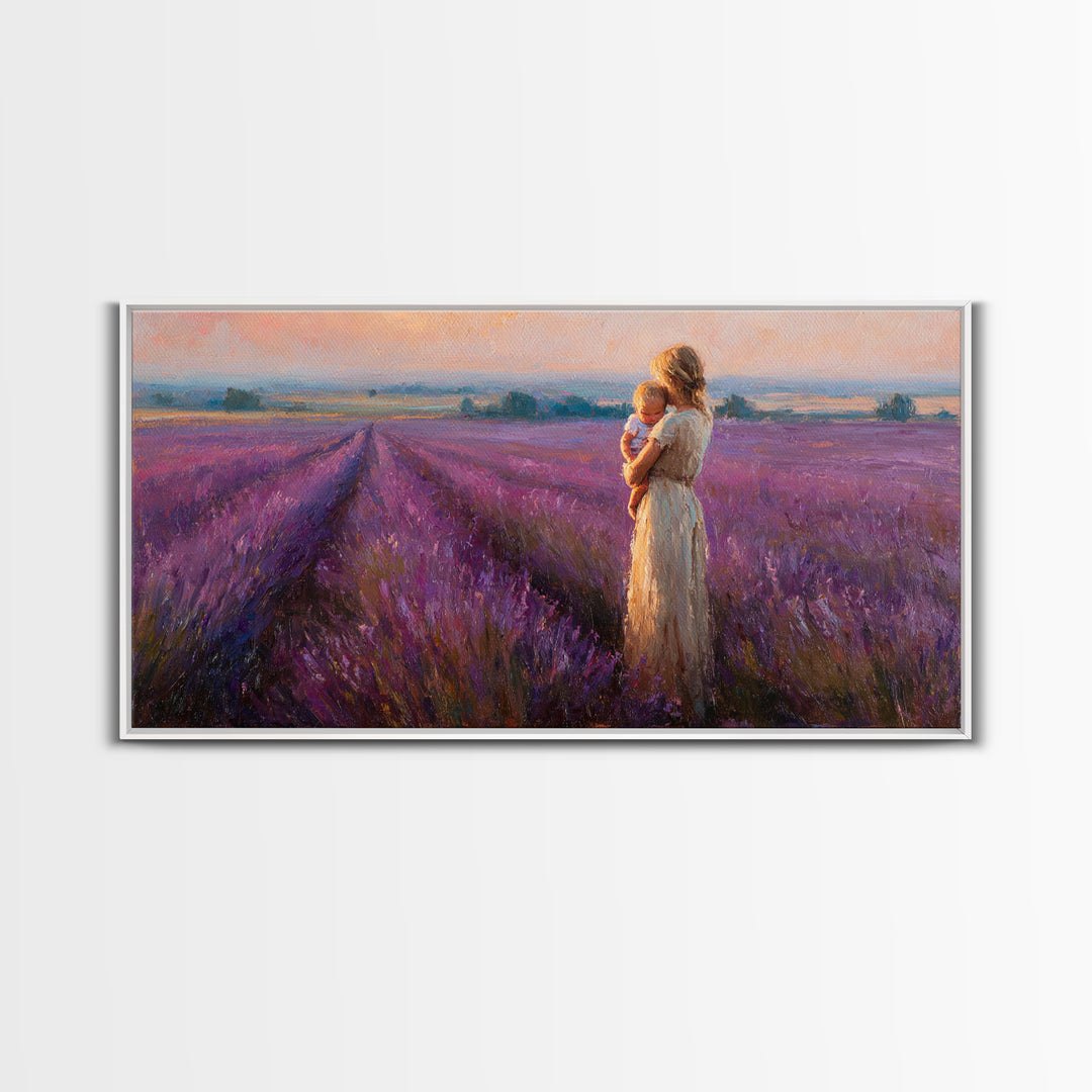 Mother And Baby In Lavender Rows At Golden Sunset Framed Canvas Print, Provence Landscape Wall Art, Gift For Mom, Home Decor
