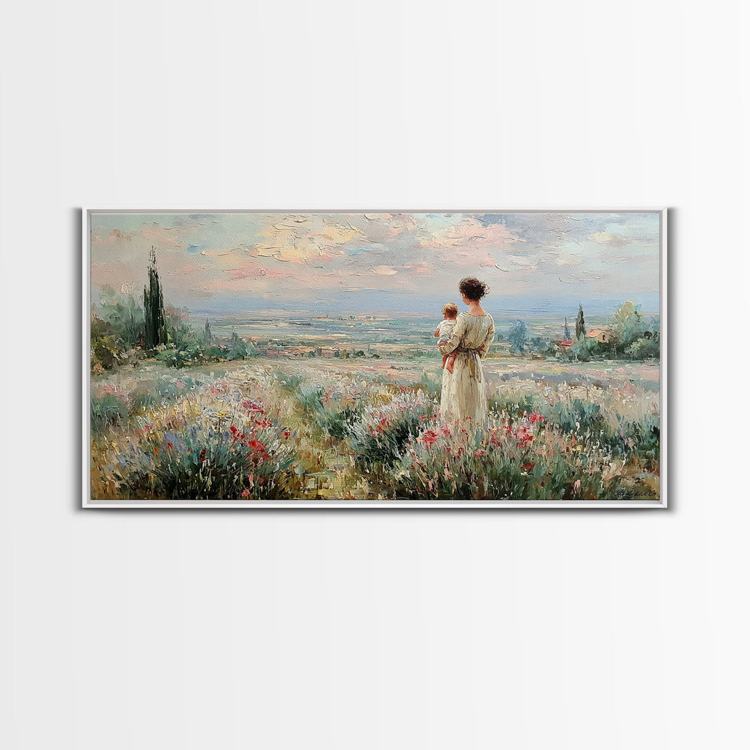 Mother With Baby Over Tuscan Wildflower Valley Canvas Print, Italian Countryside Wall Art, Mothers Day Gift, Living Room Decor