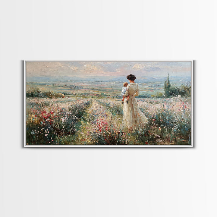 Mother Holding Baby Beside Tuscan Garden Path Wall Art, Italian Landscape Print, Framed Canvas Print, Housewarming Gift, Home Decor