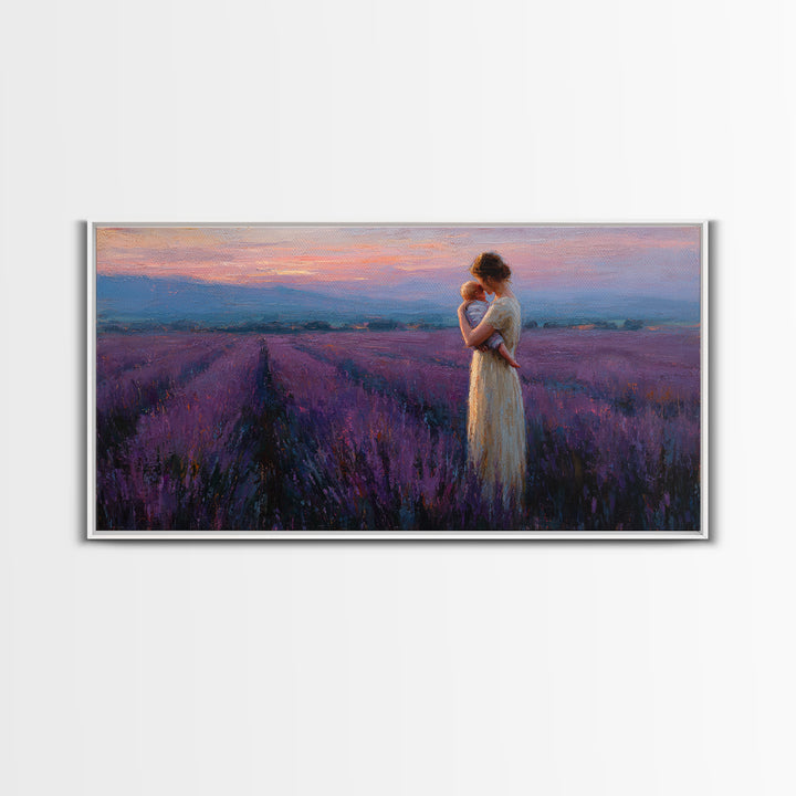 Mother And Baby In Lavender Field At Rose Dusk Canvas Print, Purple Landscape Wall Art, Mothers Day Gift, Romantic Home Decor