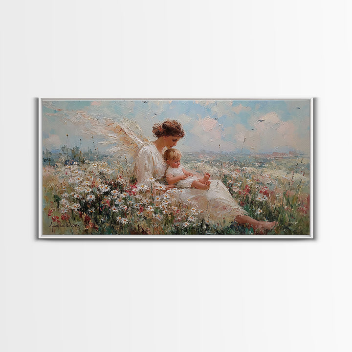 Seated Angel Holding Baby In Daisy Wildflower Meadow Framed Canvas Print, Christian Nursery Wall Art, Spiritual Home Decor