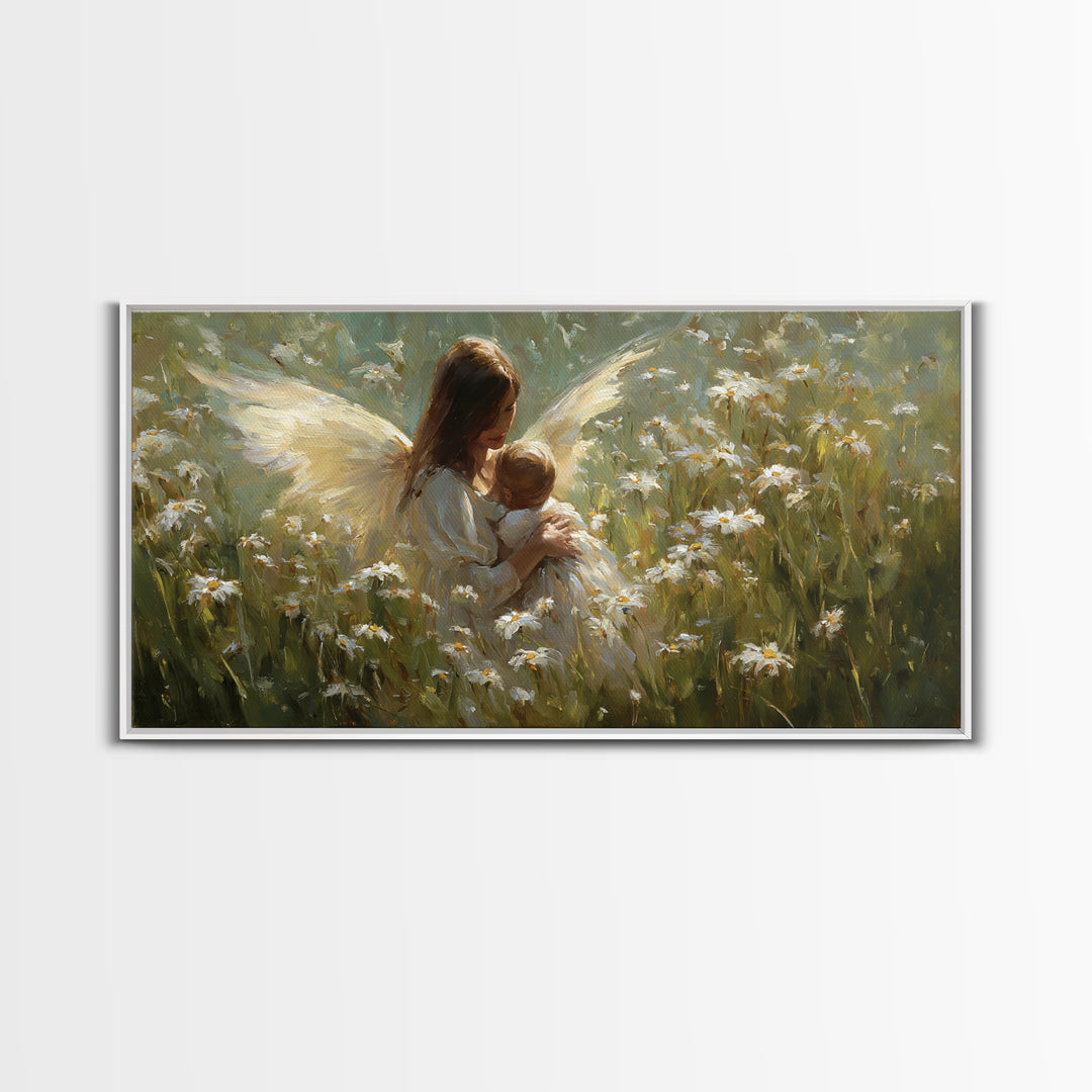 Guardian Angel Mother And Baby In Daisy Meadow Wall Art, Christian Nursery Decor, Spiritual Gift, Feminine Bedroom Decor