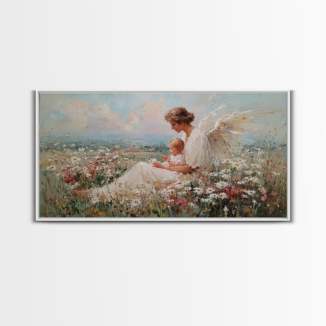 Angel Mother And Baby Over Wildflower Hills Canvas Print, Christian Wall Art, Nursery Decor, Housewarming Gift For Her, Living Room Decor