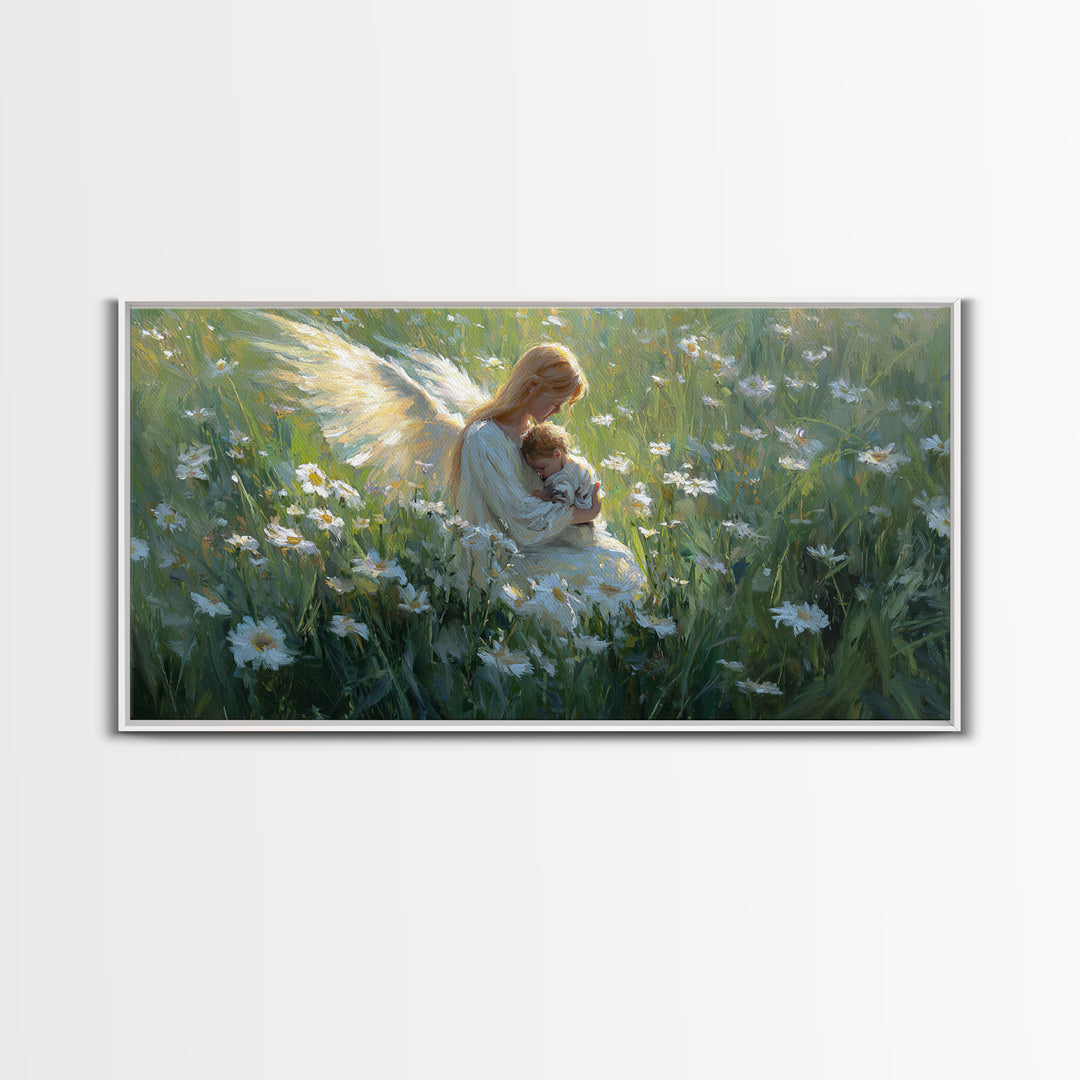 Golden Winged Mother And Sleeping Child In Daisy Field Framed Canvas Print, Christian Nursery Wall Art, Calming Bedroom Decor