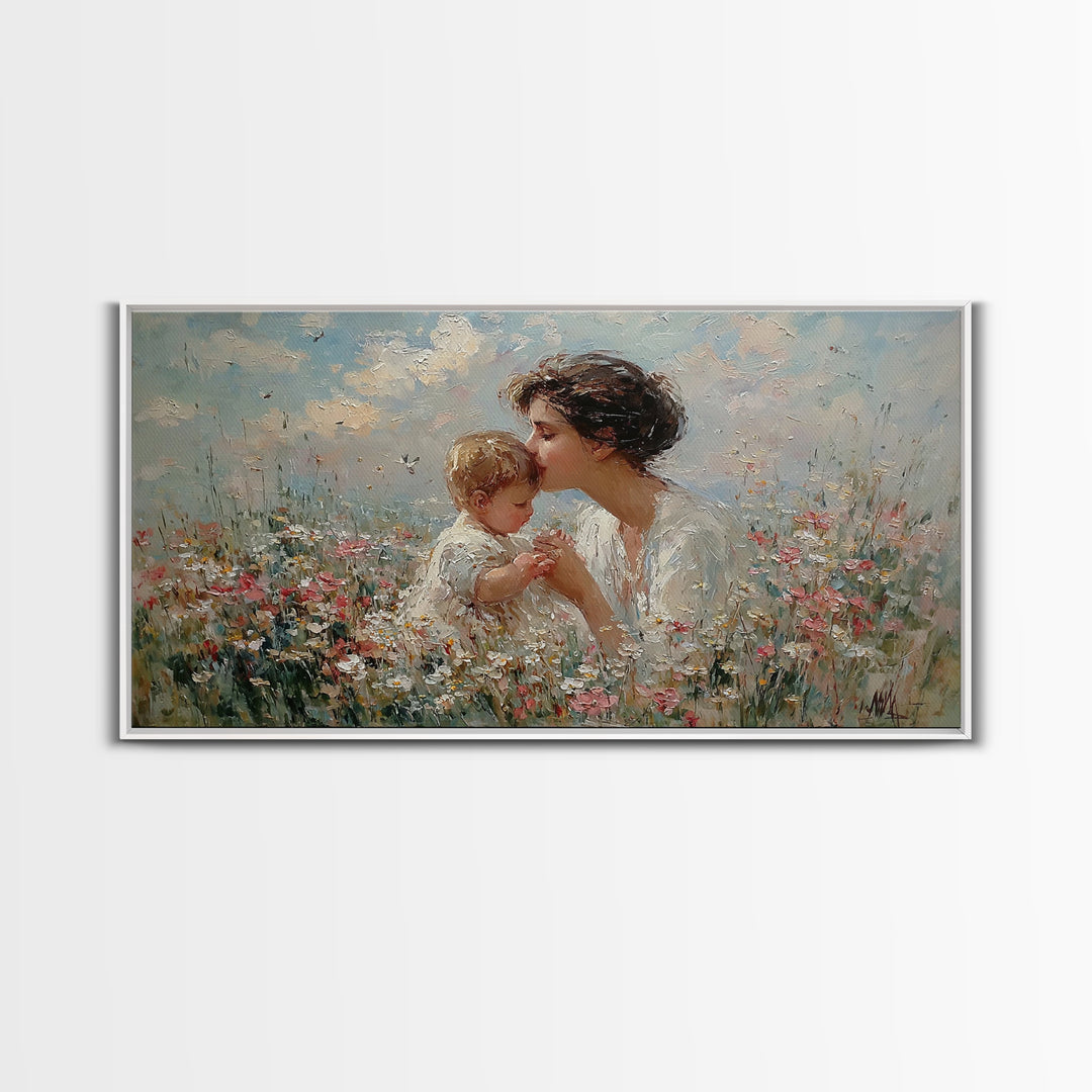 Mother Kissing Baby Among Wildflowers Wall Art, Impressionist Christian Art Print, Nursery Decor, Gift For Mom, Living Room Wall Art