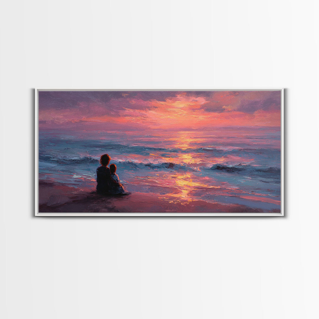 Mother And Child Watching Ocean Sunset Wall Art, Coastal Beach Canvas Print, Gift For Mom, Nursery Decor, Bedroom Wall Decor