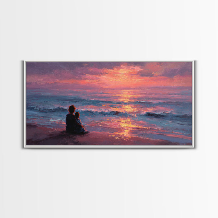 Mother And Child Watching Ocean Sunset Wall Art, Coastal Beach Canvas Print, Gift For Mom, Nursery Decor, Bedroom Wall Decor