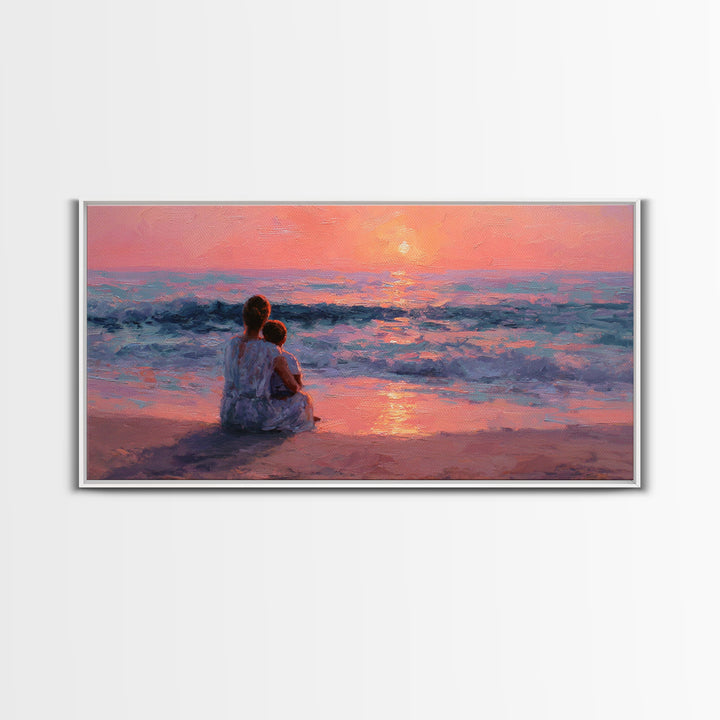 Mother Holding Baby At Rose Ocean Sunset Wall Art, Coastal Canvas Print, Nursery Decor, Gift For Mom, Romantic Bedroom Art