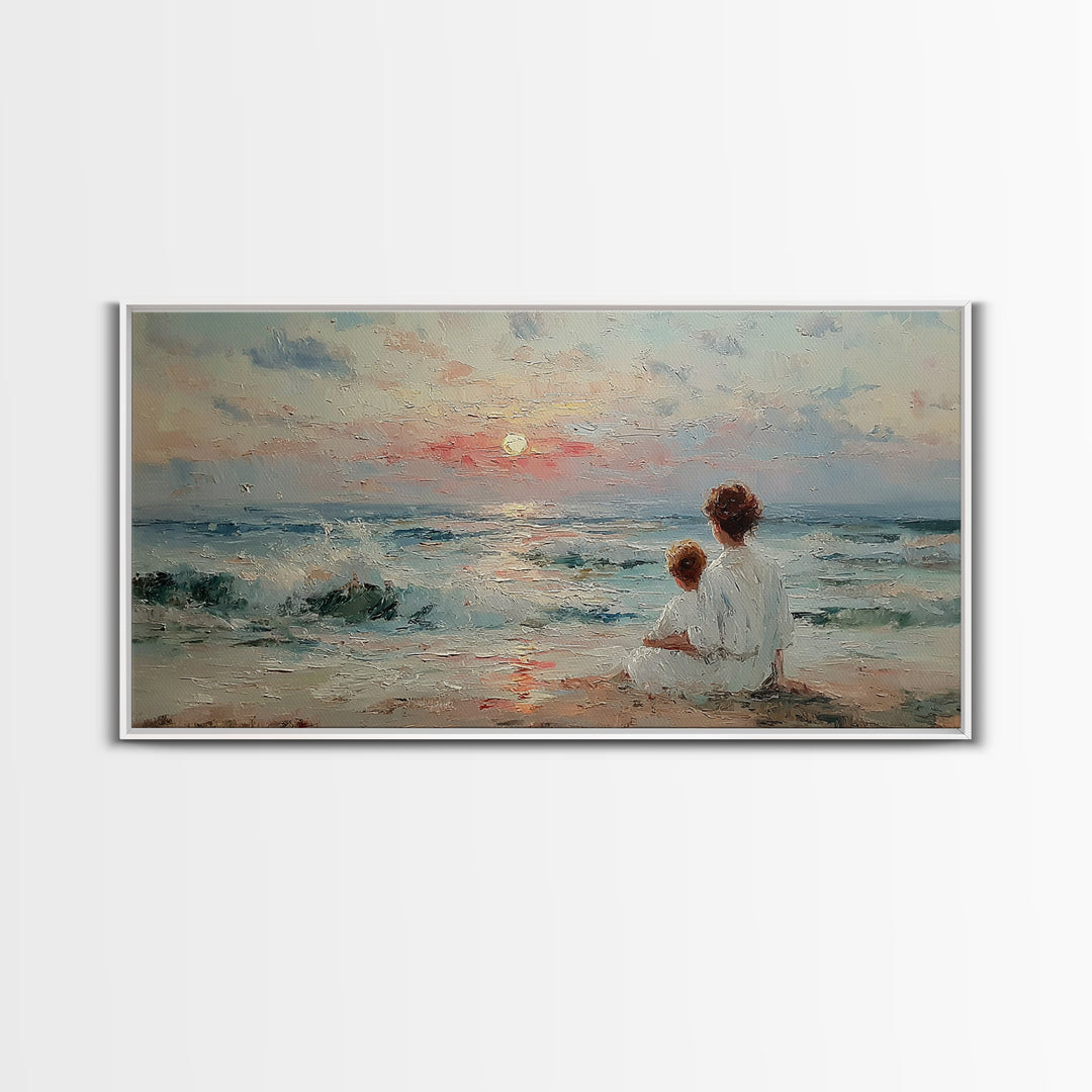 Mother And Child Seaside Sunrise Framed Canvas Print, Pastel Coastal Wall Art, Nursery Decor, Gift For Mom, Beach House Decor