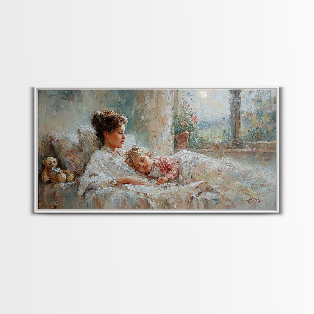 Mother And Child Morning Bedtime Wall Art, Impressionist Canvas Print, Nursery Decor, Gift For Mom, Cozy Bedroom Wall Decor