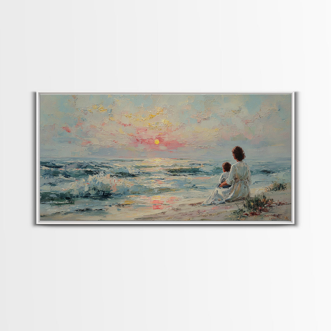 Mother And Child Watching Pastel Sea Sunset Wall Art, Coastal Framed Canvas Print, Nursery Decor, Gift For Mom, Beach Decor