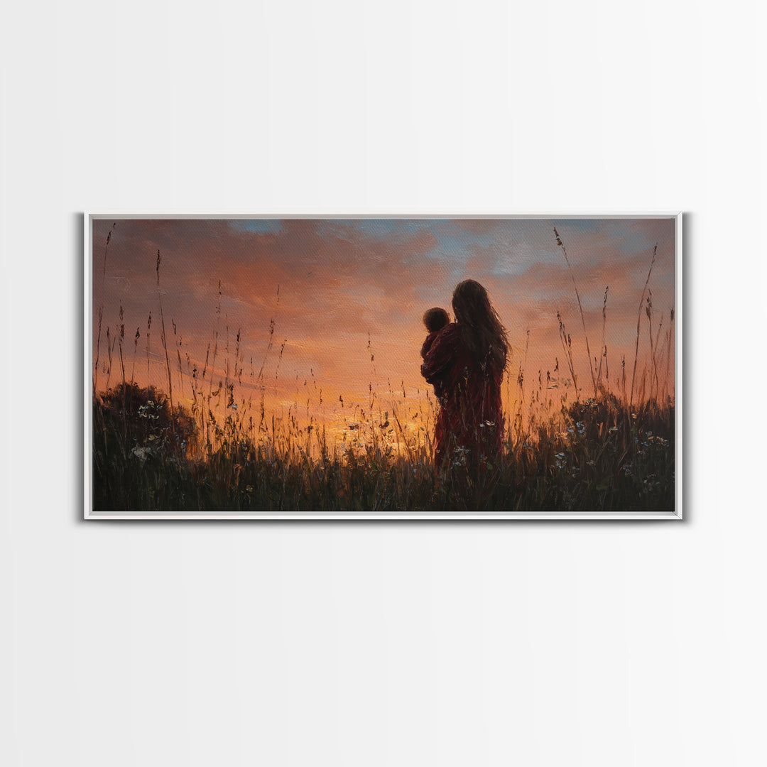 Mother And Baby Silhouette At Golden Sunset Wall Art, Rustic Landscape Canvas Print, Nursery Decor, Gift For Mom, Moody Wall Art
