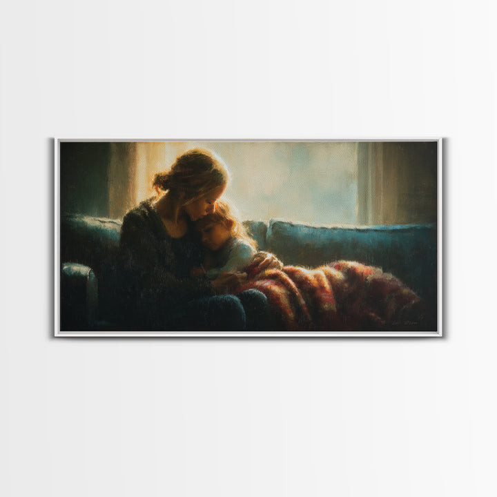 Mother Cuddling Child By Window Wall Art, Moody Bedroom Canvas Print, Nursery Decor, Gift For Mom, Cozy Home Decor, Fine Art