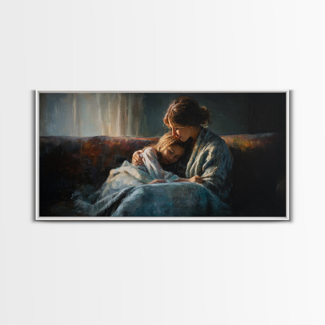 Mother And Sleeping Child Canvas Print, Moody Impressionist Wall Decor, Cozy Bedroom Art, Gift For Her, Warm Home Decor Print