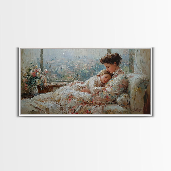 Tender Mother And Child Framed Canvas Print, Soft Impressionist Wall Art, Nursery Decor, Bedroom Wall Decor, Gift For Mom